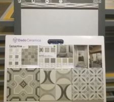 Carreaux blanc pour 2 murs pleins de la salle de bain et carreaux décor pour 1 mur plein (mur avec fenêtre)