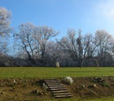 Vue de notre cuisine ou du salon le 31 décembre 2014 avec la végétation en train de dégeler... que c'est beau la campagne !