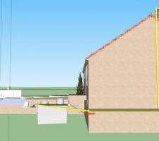 Vue 3D de l'évacuation secondaire de la fosse: en jaune, la nouvelle évacuation secondaire (plus de contre pente et sortie au dessus du faitage).