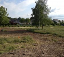 Vue orientée Sud. Grace au petit chemin, les voisins sont assez loin. Et le soleil va pouvoir nous chauffer la maison sans trop de mal.