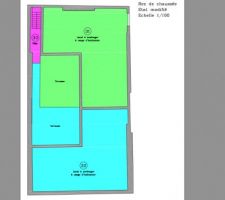 Découpage du hangar tel que nous souhaitons le faire : 
On voit les deux lots, (un vert, un bleu) avec chacun leur partie habitable et leur espace extérieur. 
Pour info le hangar (total) fait environ 23 mètres sur 13.
Le Nord est à droite, le mur à gauche est plein sud.