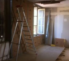 Pose d isolant mur et pose du plancher pour remise a niveau du sol