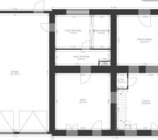 Plans du RDC avec nouvelles ouvertures. Il manque les deux fenêtres sur le mur droit dans la cuisine, car pour l'instant je suis en réflexion sur laisser les deux petites ouvertures fenêtres ou mettre une baie vitrée également car la terrasse sera principalement à l'EST pour profiter du soleil mais l'inconvénient est le fait qu'on pourra pas poser de meubles à l'endroit de la baie vitrée donc perte de place...