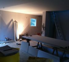 Salon-séjour et au fond la cuisine.
Emplacement de l'escalier là ou il y a l'échelle.