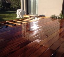 Mise en place d'une terrasse en MUIRACATIARIA .Les lambourdes sont également  bois exotique