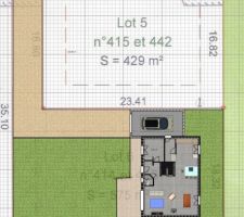 Voici une image de notre terrain avec la maison dessus.

Ce n'est que du travail amateur r&eacute;alis&eacute; par (moi m&ecirc;me :D ) et les vraies photos d'implantation nous serons fournies prochainement par notre MO, mais &ccedil;a peut nous donner une id&eacute;e.
Par contre concernant l'int&eacute;rieur, ce ne sont que des tests, si vous avez d'autres suggestions, n'h&eacute;sitez pas :)