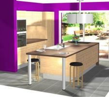 Avec sa vue en 3D, îlot central de 320X110 avec plaque de cuisson, lave vaisselle et evier inox...