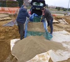 Déchargement du sable pour la base de la cuve d'EP