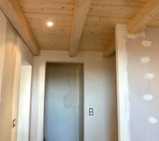 Entrée avec les spots encastrés au plafond. Au fon l'accès au couloir menant aux chambres