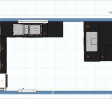 Plan de la cuisine (ps : le plan de travail sera en 3, un pour l'ilot, et 2 pour le reste)