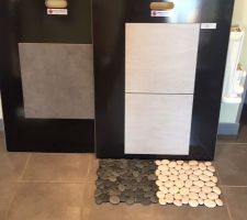 Carrelage gris foncé pour la pièce à vivre. Et blanc cendré pour SDB et WC, galets blanc pour la douche italienne