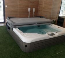 Spa entouré de gazon synthétique