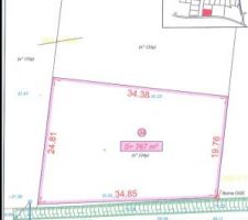 Plan du terrain 767 m2 
Constructible sur facade de 19m , 20 metre de long , 16m10 sur le bout des 20metres ( terrain en trapeze) 
Voix publique sur le coté (5 m)