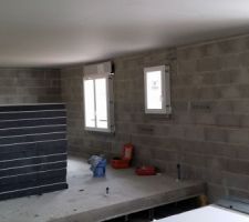 Ça y est !!! Ils ont attaqué  le placo. Les plafonds sont finis. Ils ont bien entamé les murs. Il restait en gros 1,5 jour de travail encore et devrait attaquer les cloisons pour la semaine d après.
Les choses avancent bien.
Pourvu que ça dur !!!