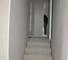 Escalier demi niveau. Il fait parti du volume chauffé et est isolé par le dessous