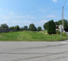 Le terrain vu de la route départementale. La maison à démolir est caché par l'arbre. La surface à démolir était d'une centaine de mètres carrés. Le terrain fait 1760 m2.