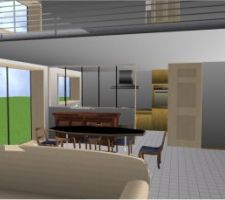 Vue réalisée par logiciel(architecte 3D), permet de visualiser le salon cuisine et mezzanine