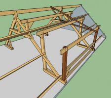 Vue ISO de la charpente après modification. Les 2 nouvelles pannes intermédiaires sont posées sur des jambes, elles mêmes posées sur les fermes, au niveau des anciennes pannes.
