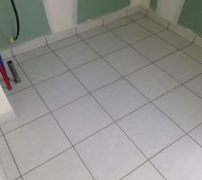 Carrelage du étage fini. Salle de bain des enfants.
Carrelage blanc et bleu, joints gris