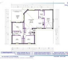 Premiers plans de la maison : en modification : nous ajoutons la terrasse couverte et nous supprimons l'angle coupé dans le salon séjour. Nous ajoutons une cloison dans la chambre 1 ce qui permet de faire un dressing.