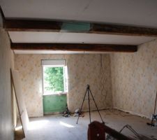 On attaque le plafond &agrave; l'&eacute;tage.il reste plus qu'a faire les bandes et poser des moulures souples au niveau des poutres (trop d'&eacute;cart entre la plaque par endroit malheureusement).