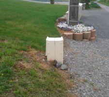 Coffret electrique pose par ERDF,surment l'apr&egrave;s midi car comme on le vois sur la photo il est bien parall&egrave;le &agrave; la route!!!ou dans l'alignement du mur du voisin!
affaire &agrave; suivre