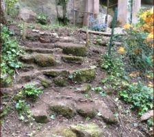 Dégagement et reconstruction en cours d'un vieil escalier de pierres