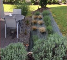 Terrasse à l'ouest, les graminées et les lavandes poussent également