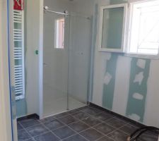Paroi de douche pos&eacute;e, fa&iuml;ence et carrelage finis