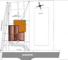 Début du projet Terrasse : idées pour sens des lames, emplacements des spots (en noir) et des bornes (en bleu), réservation pour massif (en vert)