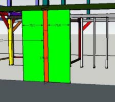 Pour aider les poutres kaki à supporter les solives et renforcer les appuis sur le poteau central, deux petits murs de refend peuvent être rajoutés: en vert vif. C'est en effet l'emplacement de mon poêle, cette partie sera donc fermée.
J'ai également rajouté (en bleu vif) à l'entrée, un muret et un poteau. Cela raccourcit de pas mal la portée de mes poutres kaki.