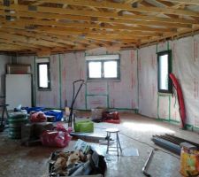 La 1&egrave;re couche d'isolant est pos&eacute;e (cach&eacute;e par le pare-vapeur)