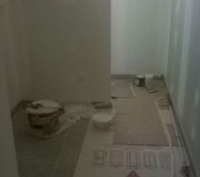 Sous couche salle de bain et primaire d accrochage pour béton ciré sur la cloison de douche.
Je découperai le haut de la cloison pour installer des briques de verre car pas trop de luminosité dans cette pièce