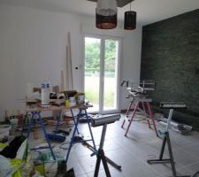 Coin salon : parement et murs noirs à venir...