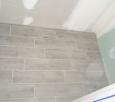 Le carrelage imitation parquet du wc de l'étage.