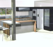 Photo du projet de la cuisine sauf les coloris
les caisons vont etre unis beige et les murs a effet sablonneux beige
et il y aura une crédence verre noir sur le devant de l'ilot