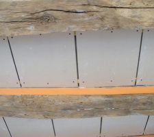 Mise en place de placo et plâtre entre les poutres chêne.