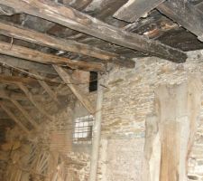 Vu des poutres sous le hangar avec un ancien tombereau et des tonnes de "merde"