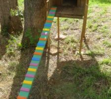 Réaménagement de la cabane de jardin des chats : mise sur pilotis et petite rampe avec marches
