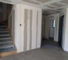 L'espace de l'entrée, avec l'escalier demi tournant, le cellier caché dessous, placard, WC et porte d'entrée.