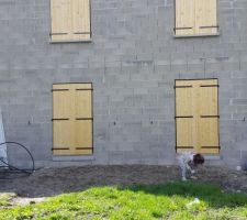 Volets, porte d'entrée et porte de garage posés.
Nous peindrons les volets et la porte d'entrée en blanc.