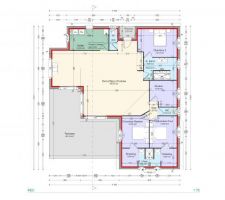 Plan de maison 3 chambres, un bureau, 2 salles d'eau, 2 wc, cellier et cuisine/salon/séjour.