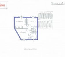 Plan du 1er étage, les changements prévus par rapport au plan c'est d?échanger la salle d'eau et le placard de la chambre 1, rajouter un fenestron dans les toilettes et dans l'escalier.