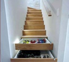 Chaque rangement compte, si notre escalier a cette configuration ne pas omettre ces tiroirs coulissants (ni les spots et la rambarde)