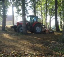Finition du semis du gazon en sous-bois, aération et roulage simultanément