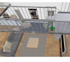 Idée d'ajout de combles aménagés au-dessus du séjour (une partie vide sur salon, une partie mezzanine) - visuel depuis passerelle