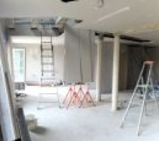 Placo et cloison en cours de réalisation, mais presque finis...

Vue panoramique (cuisine, salle à manger, salon )