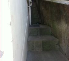 Le mur de la cuisine avec une bouche d'égout contre le mur. En montant les escaliers sur la gauche on trouve la court du voisin (autre photo).