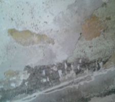 Bas du mur du renfoncement il semble y avoir une "plainte" plus dure.
on voit ici encore des traces des moisissures apr&egrave;s nettoyage.