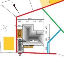 Plan du terrain. 
En rouge : grand mur en pierre (pas de vis &agrave; vis)
En vert : cl&ocirc;ture existant, mais voisin jamais pr&eacute;sent
En bleu : future cl&ocirc;ture